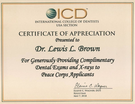 International College of Dentists USA Selection presented to Dr. Lewis L. Brown